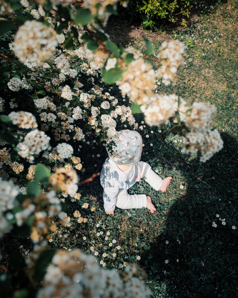 photographie d'un bébé dans un jardin entouré de fleurs