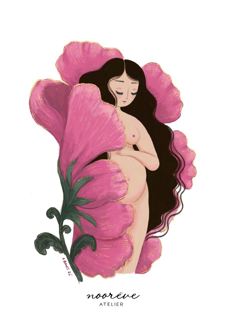 illustration d'une femme enceinte sortant d'une pivoine