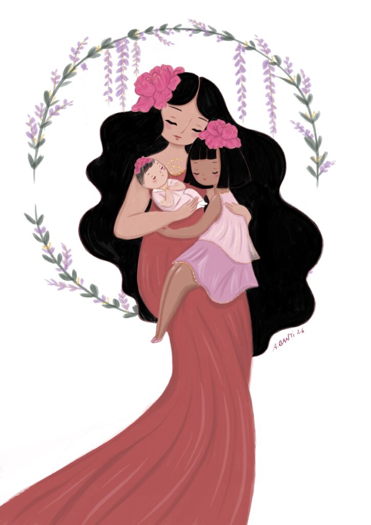 illustration d'une maman et de ses filles avec des pivoines sur la tête